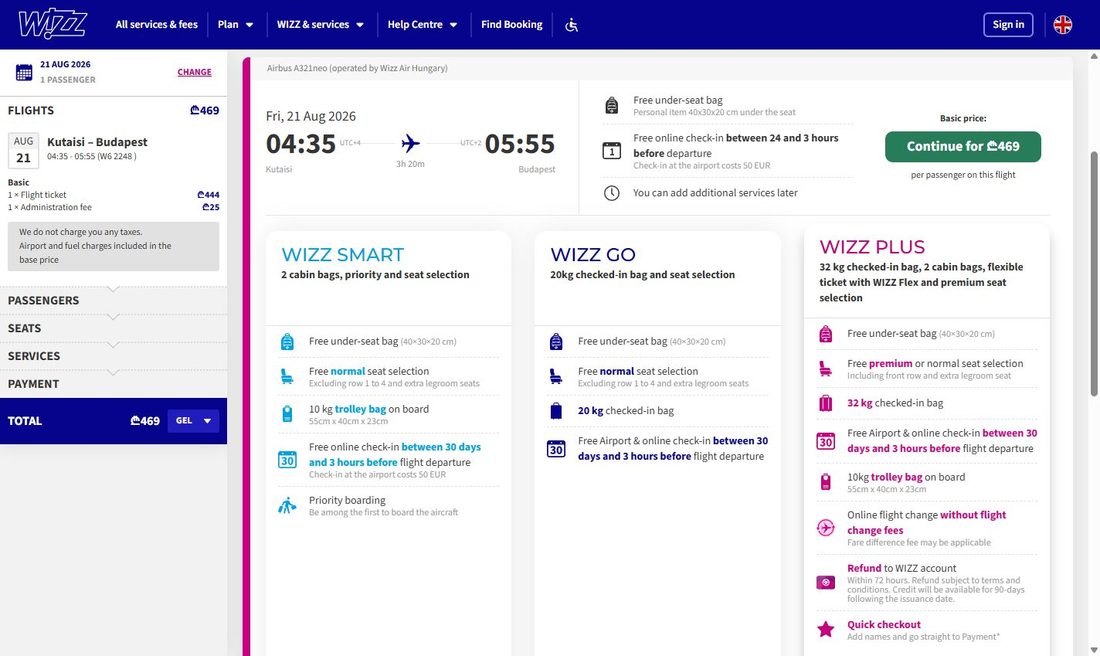 Выбор рейса W6 2248 (Airbus A321neo) и тарифов: Basic и бандлы WIZZ SMART / WIZZ GO / WIZZ PLUS с разной нормой багажа