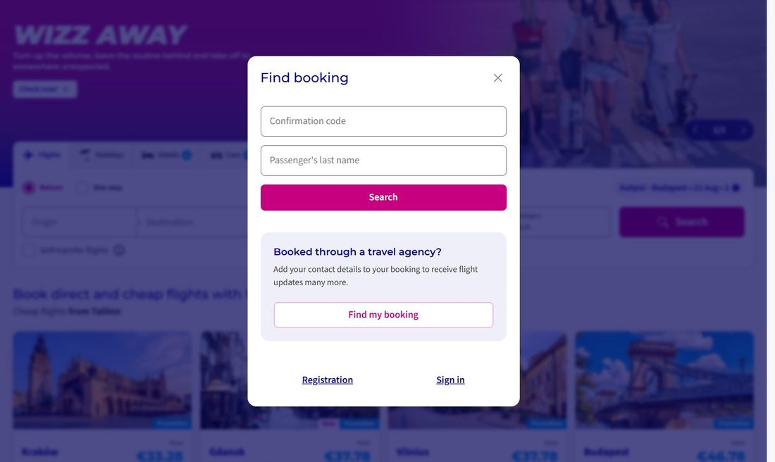 Онлайн-регистрация Wizz Air: вход по коду бронирования (confirmation code) и фамилии пассажира на wizzair.com